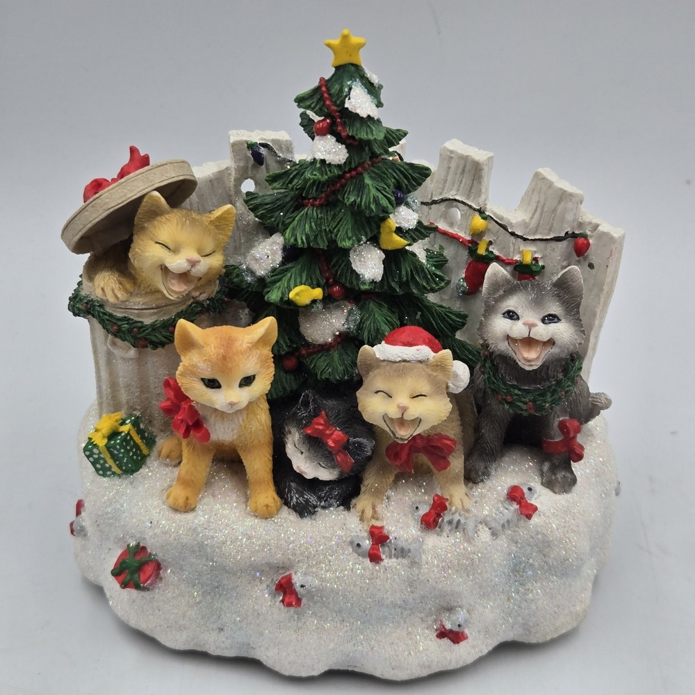 Vtg San Francisco Music Box Christmas Kittens Jingle Bells Tune Glitter Snowy